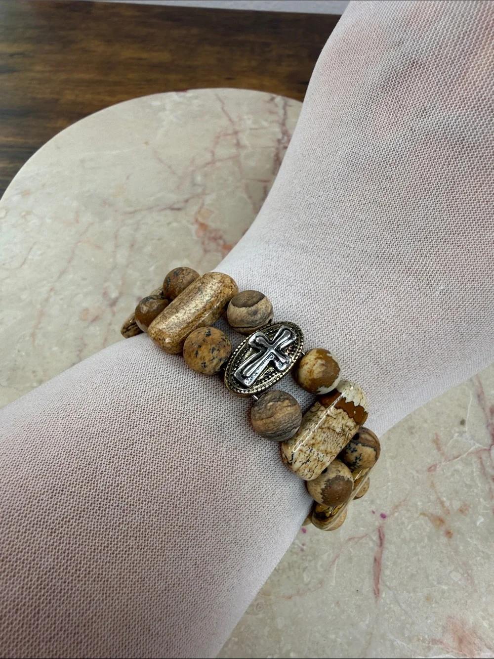 Brown Natural Stone Beaded Stretch Bracelet with Silver Cross Accent